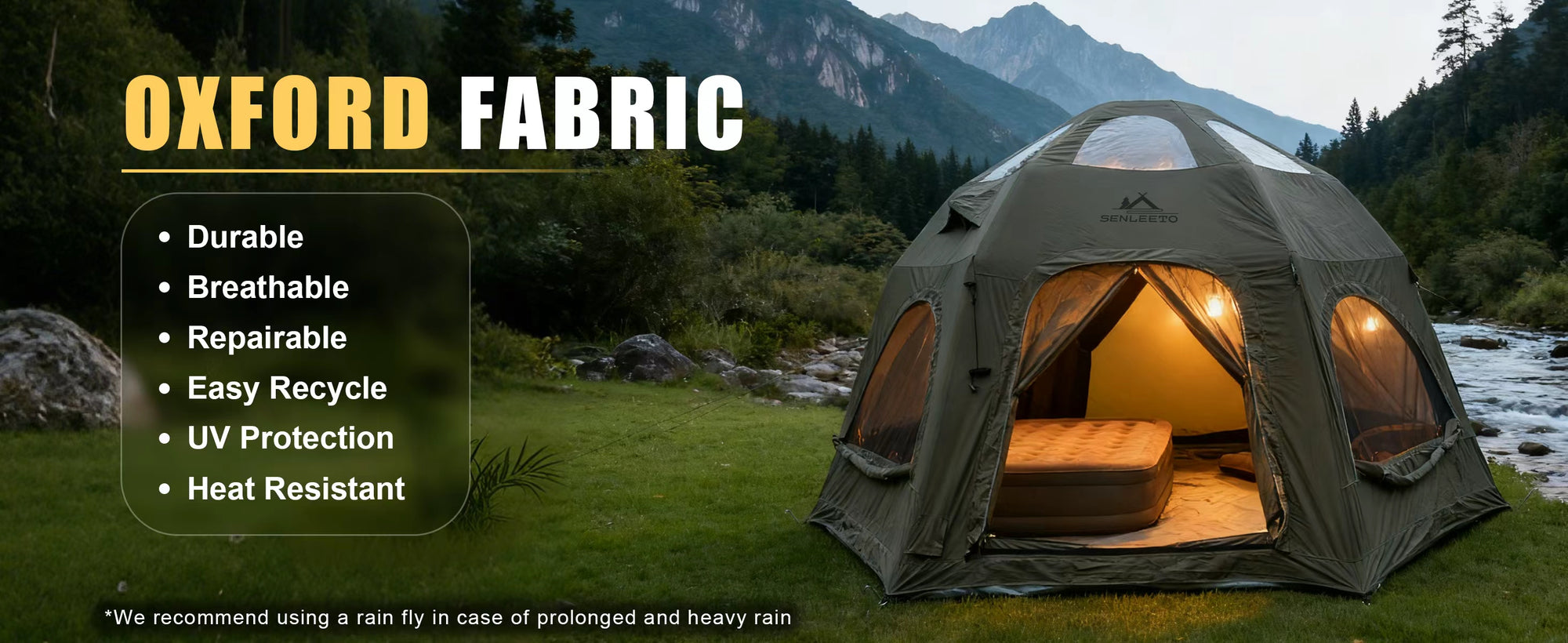 Durable, breathable, and repairable Oxford fabric material for 4-season camping