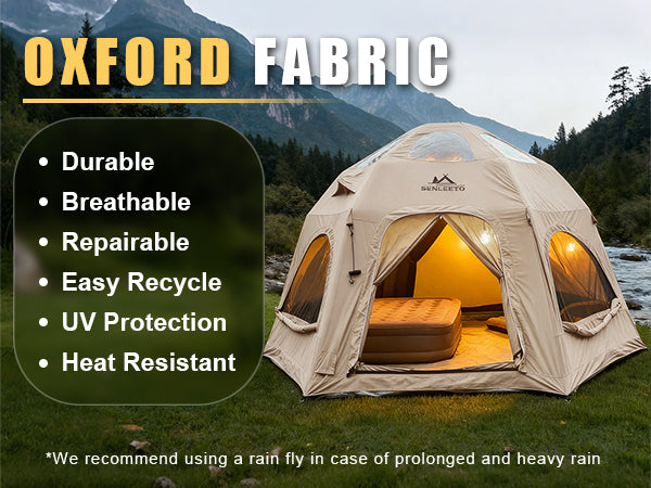 Durable Senleeto Oxford fabric inflatable dome tent: breathable, UV protective, and heat resistant features.