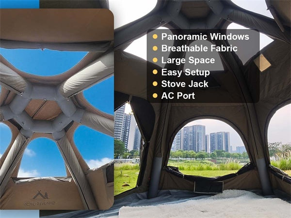 Spacious interior of SENLEETO cabin tent with mesh ventilation and star-view windows.