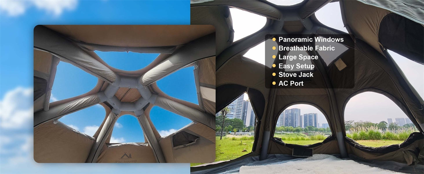 Spacious interior of SENLEETO cabin tent with mesh ventilation and star-view windows.