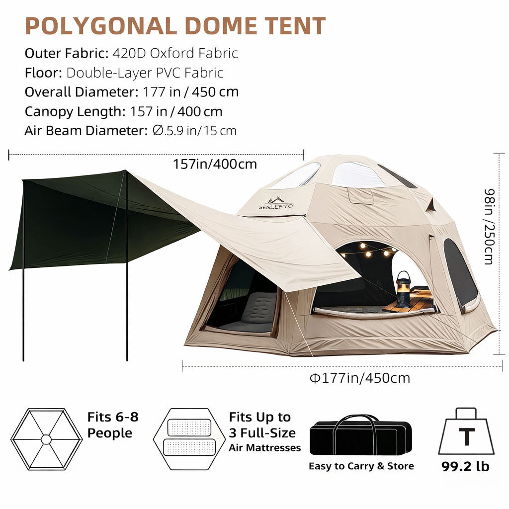 Senleeto Dome Tent dimensions: 177" wide x 98" tall. The spacious interior fits up to 3 full air mattresses easily.