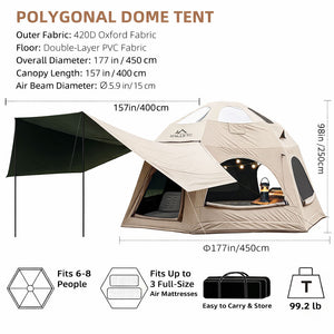 Senleeto Dome Tent dimensions: 177" wide x 98" tall. The spacious interior fits up to 3 full air mattresses easily.