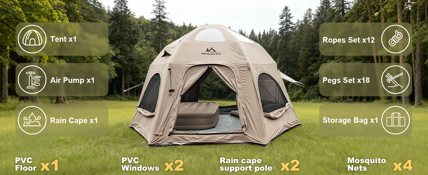 Senleeto dome tent kit: inflatable tent, pump, rain cape, 18 pegs, 12 ropes, storage bag, PVC floor, and 4 mosquito nets.