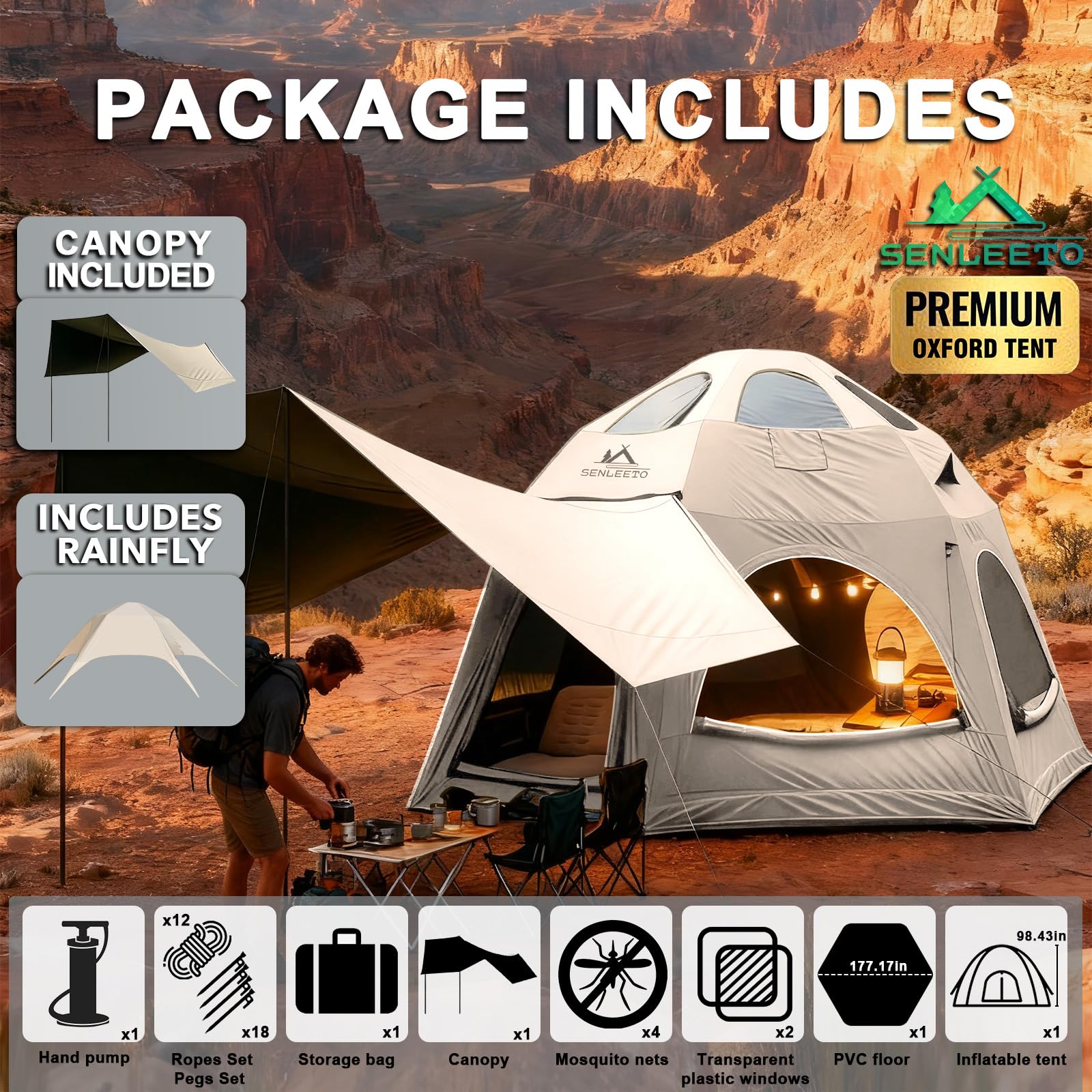 Senleeto Oxford dome tent package: includes tent, canopy, rainfly, manual pump, pegs, and ropes for easy camping setup.