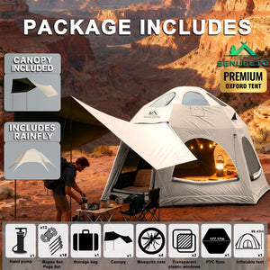 Senleeto Oxford dome tent package: includes tent, canopy, rainfly, manual pump, pegs, and ropes for easy camping setup.