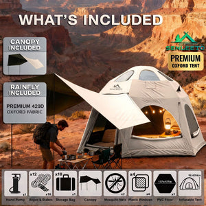 Senleeto Oxford dome tent package: includes tent, canopy, rainfly, manual pump, pegs, and ropes for easy camping setup.