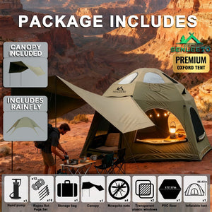 Senleeto TC cotton dome tent package: includes green tent, canopy, rainfly, manual pump, pegs, and ropes.