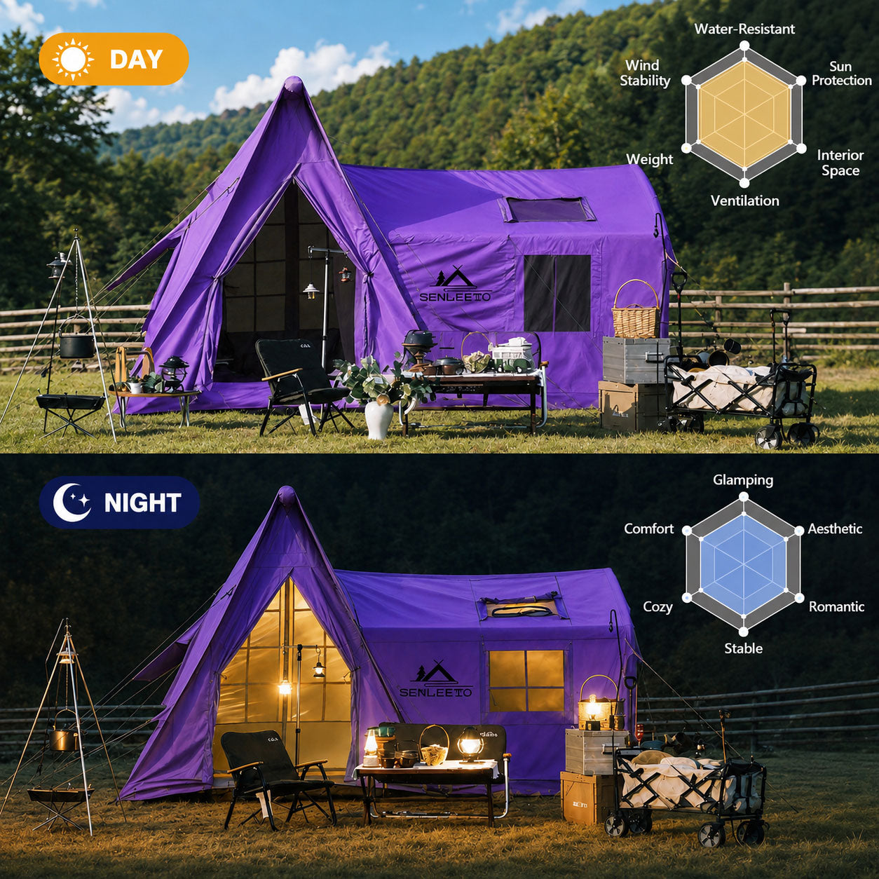 Purple Senleeto A-frame inflatable tent shown in day and night camping scenes with outdoor furniture and lighting.