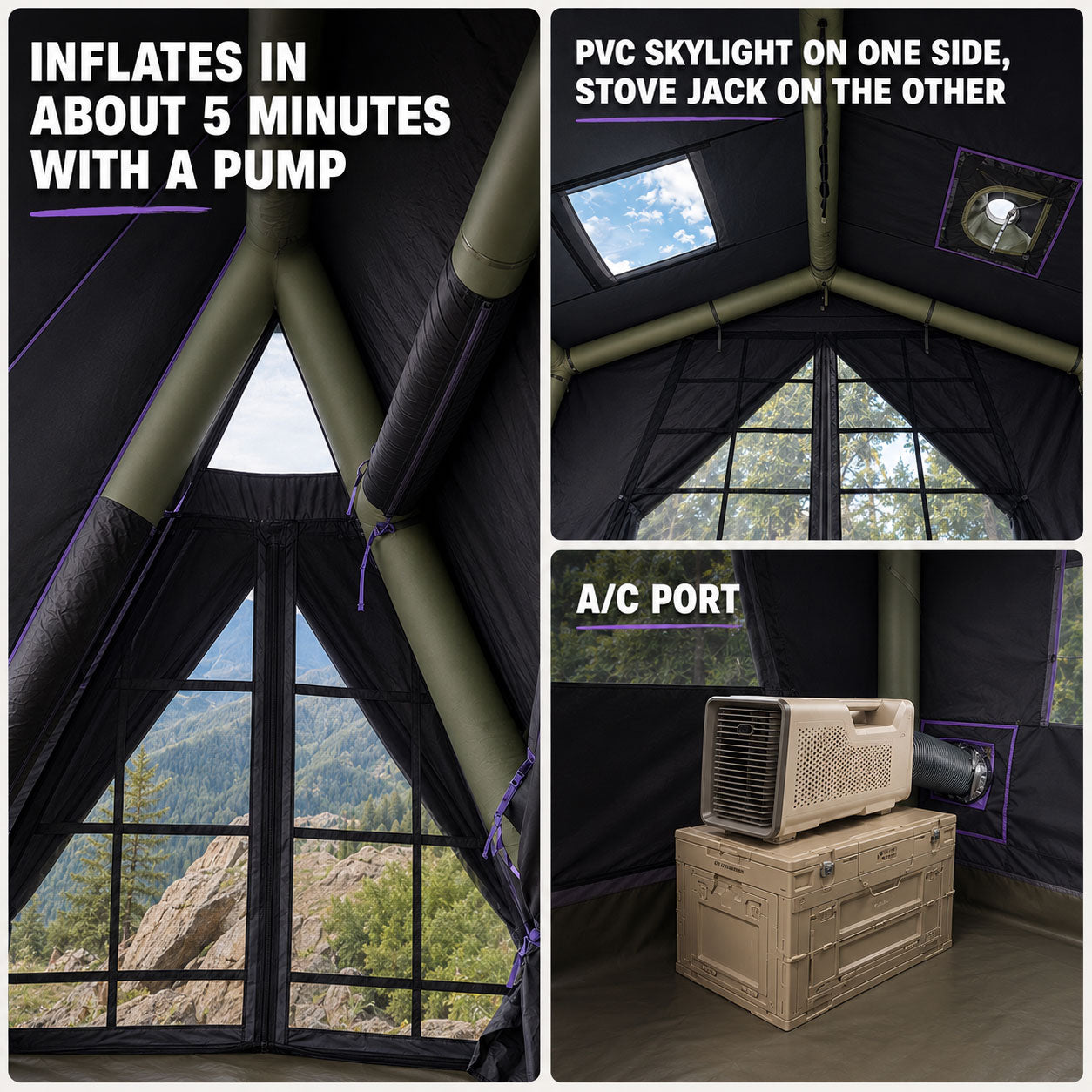 Senleeto inflatable A-frame tent interior showing air-beam frame, skylight, stove jack and A/C port