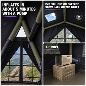 Senleeto inflatable A-frame tent interior showing air-beam frame, skylight, stove jack and A/C port