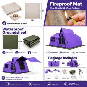 Complete accessory kit for a Senleeto A-frame inflatable tent, including groundsheet, heat-resistant stove mat, rainfly, awning and hand pump.