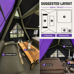Suggested interior layout for a Senleeto A-frame inflatable tent with living area, sleeping area, stove jack and A/C unit placement.