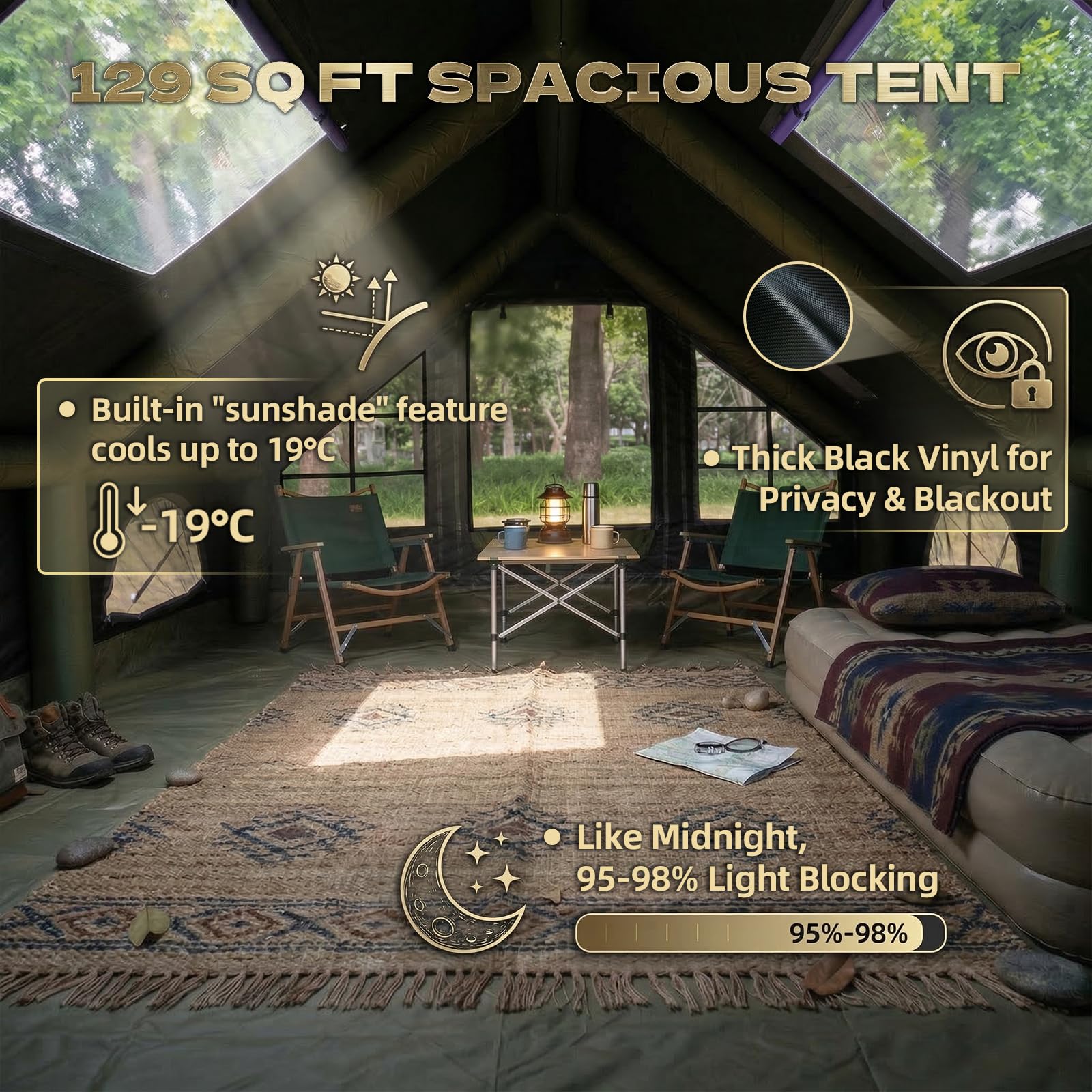 Roomy interior of the purple inflatable cabin tent showing full standing height and living space
