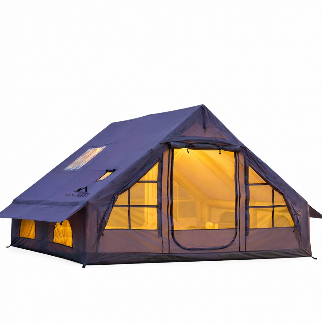 Purple blackout inflatable cabin tent with front mesh door and windows on a white background