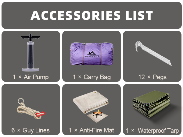 SENLEETO purple inflatable tent accessories: air pump, carry bag, 12 pegs, 6 guy lines, anti-fire mat, waterproof tarp.