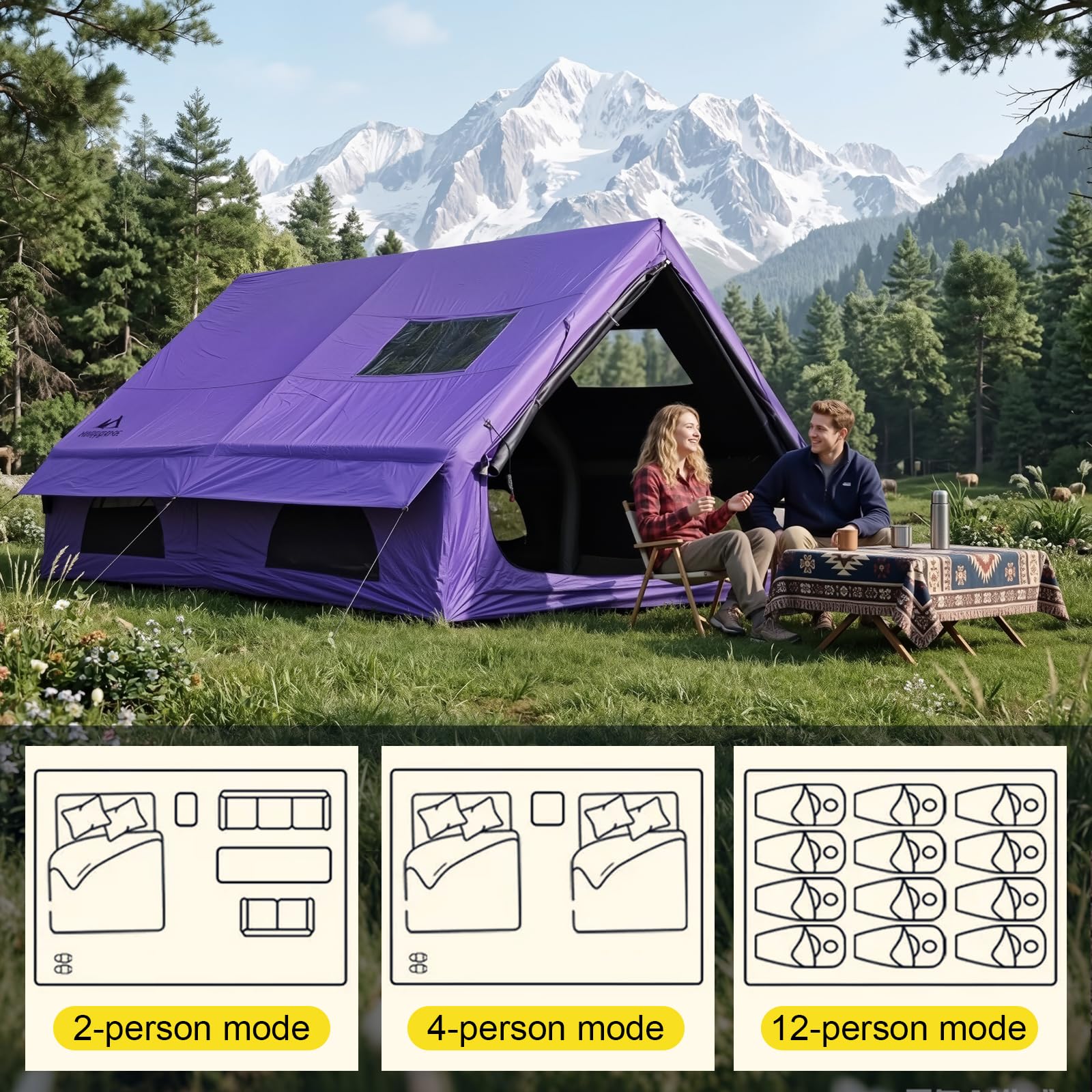 Senleeto purple inflatable tent interior layouts showing versatile 2-person, 4-person, and 12-person camping setups.