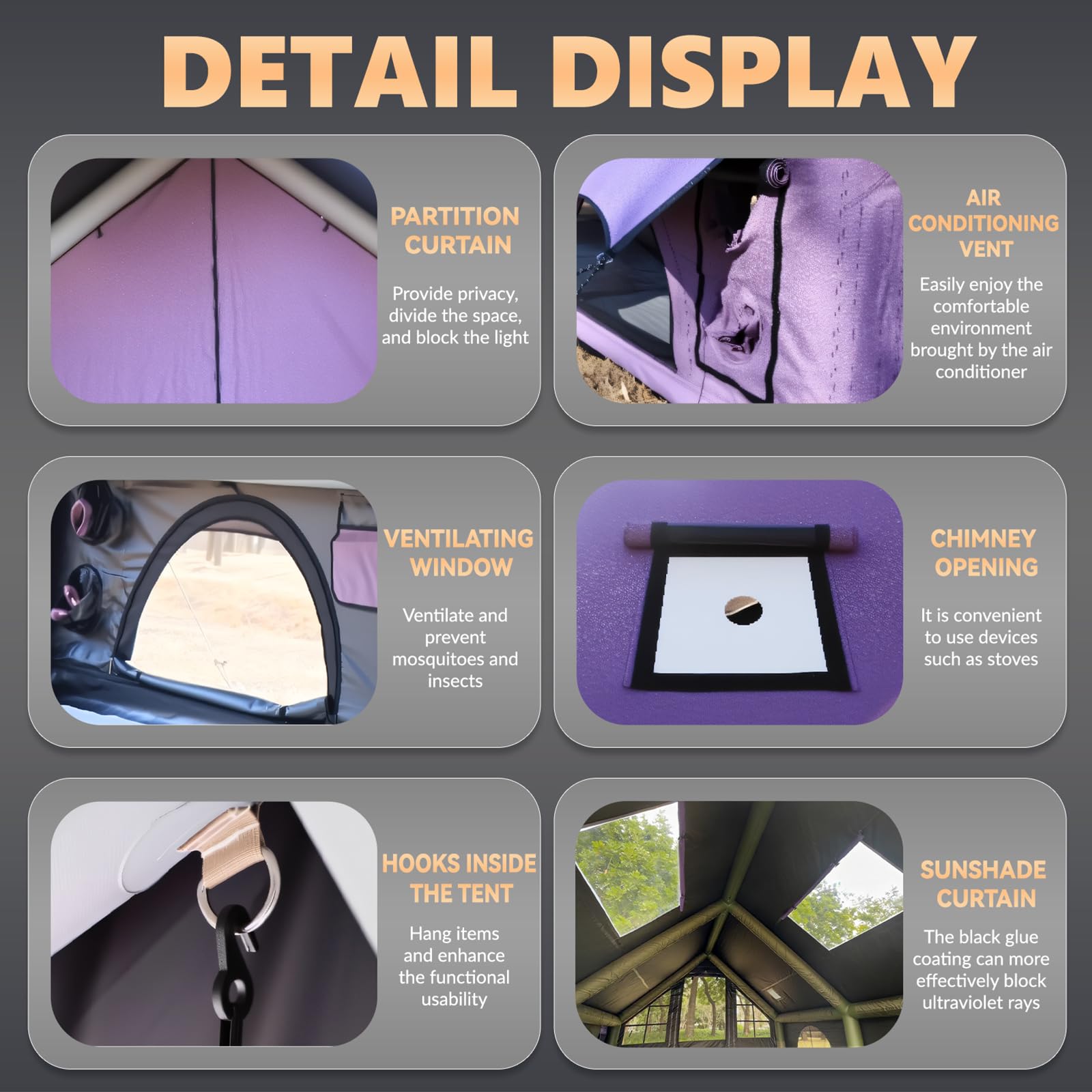 Features of the Senleeto purple inflatable tent: partition curtain, ventilating window, AC vent, and stove jack.