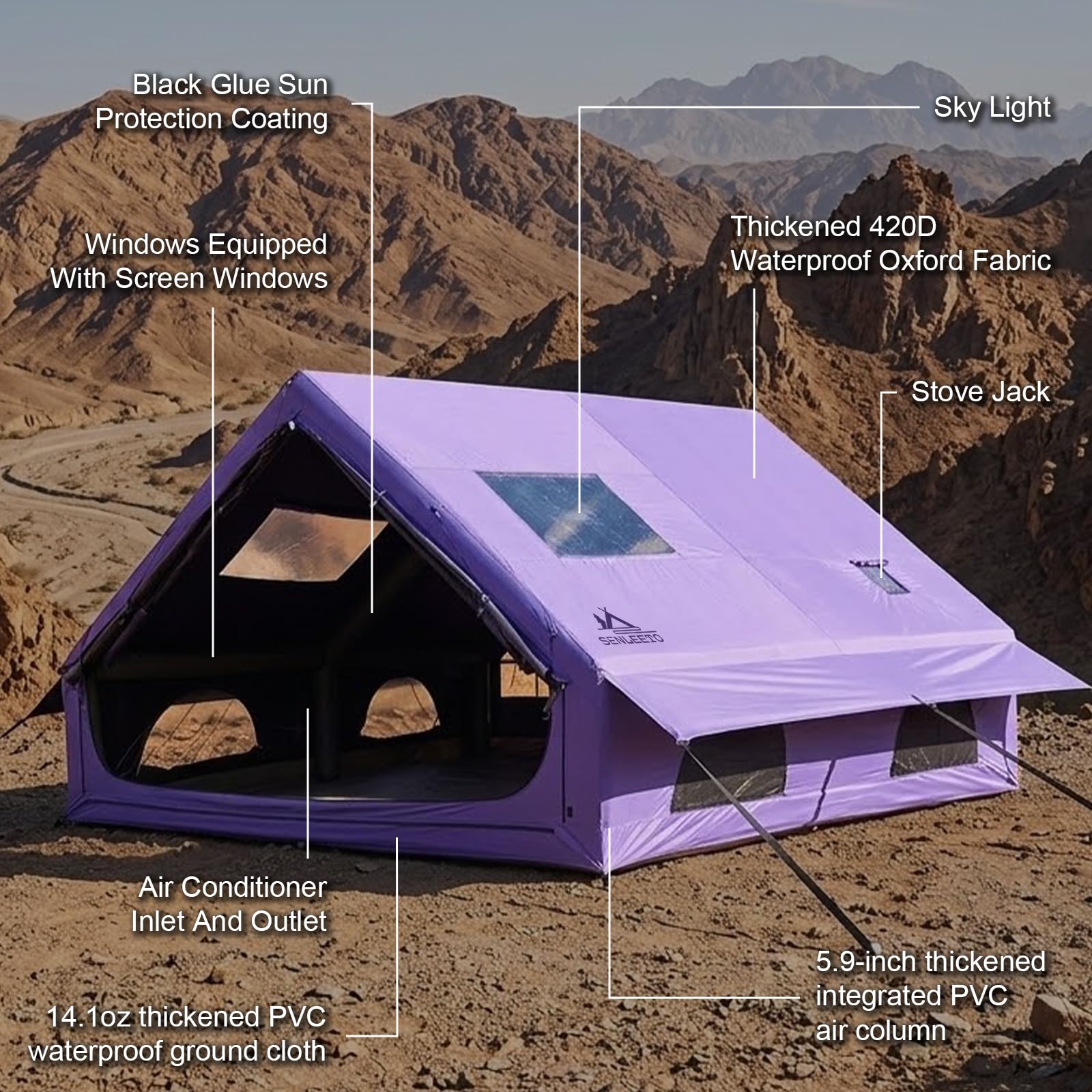 Blackout Inflatable Camping Tent 8-10 Person with Stove Jack - 420D Oxford 4 Season Family Cabin Tent, AC Port, Purple