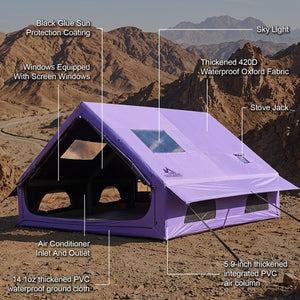 Senleeto tent material specs highlighting 420D waterproof Oxford fabric, black glue coating, and thick PVC air columns.