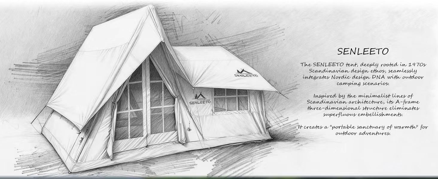 Design sketch of Senleeto A-frame inflatable tent: 1970s Scandinavian minimalist style for a portable sanctuary.