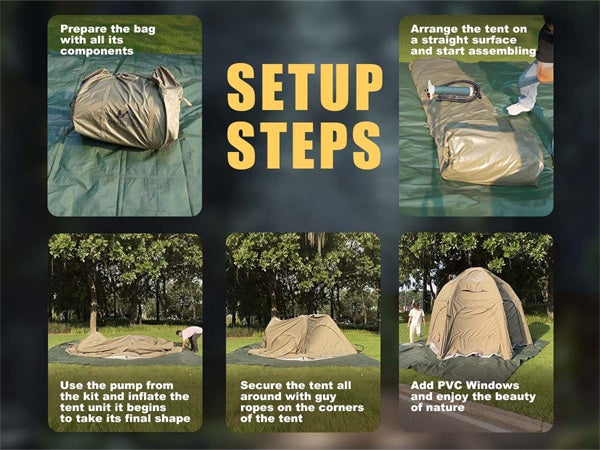 Easy 5-step setup guide for inflating the SENLEETO air column cabin tent.