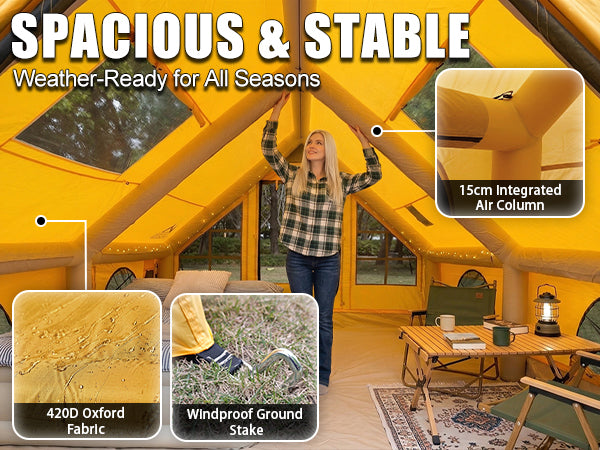 Stable all-season Senleeto blow up tent interior. Showcases 15cm integrated air columns and strong windproof stakes.