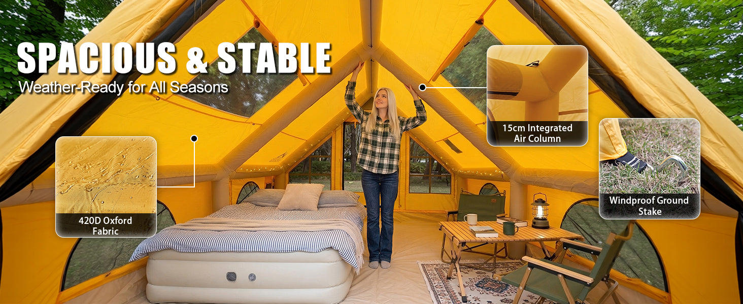 Woman inside a spacious Senleeto inflatable tent. Built with 15cm air columns and 420D fabric for all-season stability.