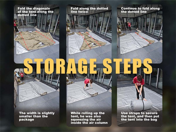 Quick deflation and storage steps for the SENLEETO portable inflatable tent.