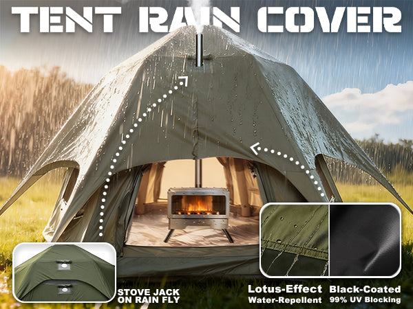 Professional tent rain cover with integrated stove jack and UV blocking layer.