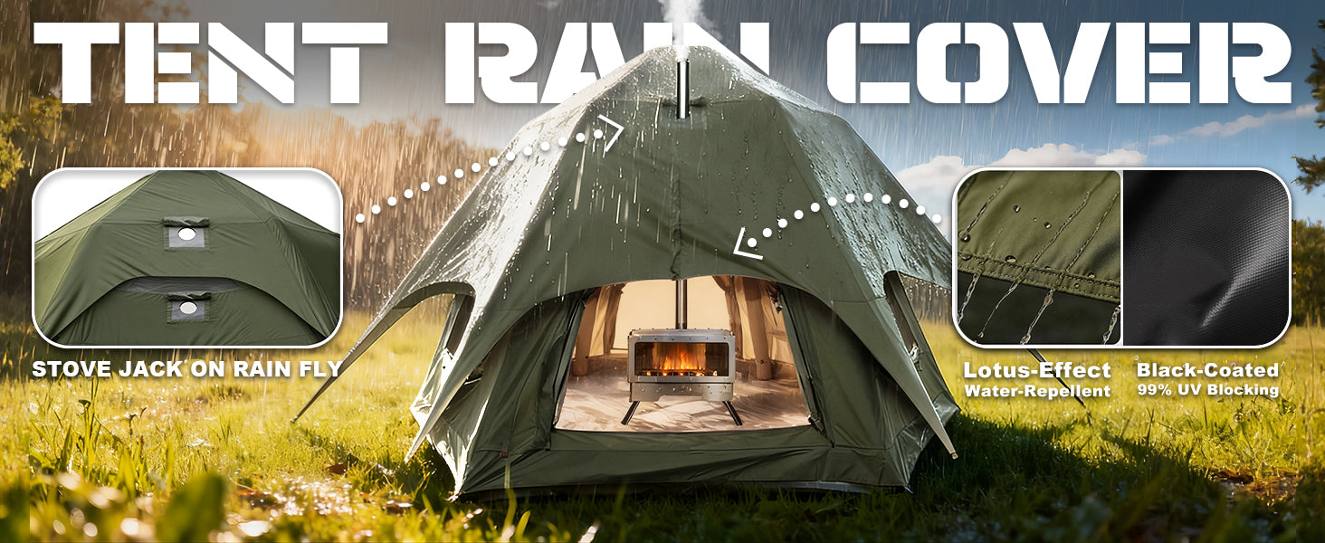 Professional tent rain cover with integrated stove jack and UV blocking layer.