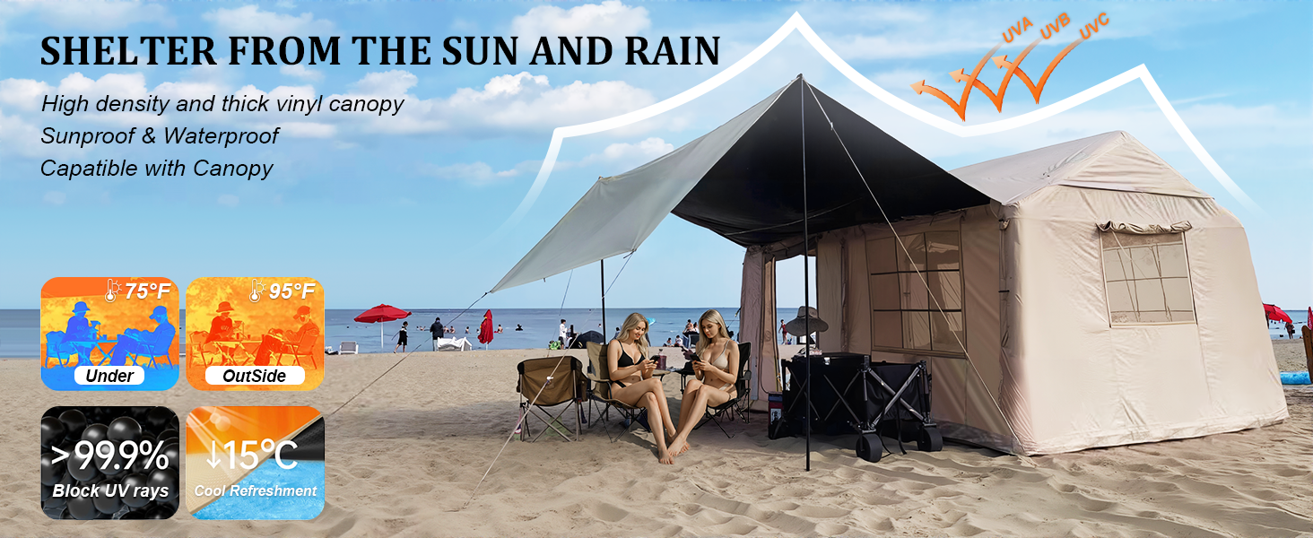 Senleeto tent with thick vinyl canopy on a beach, blocking 99.9% UV rays and reducing temperature by up to 15°C.