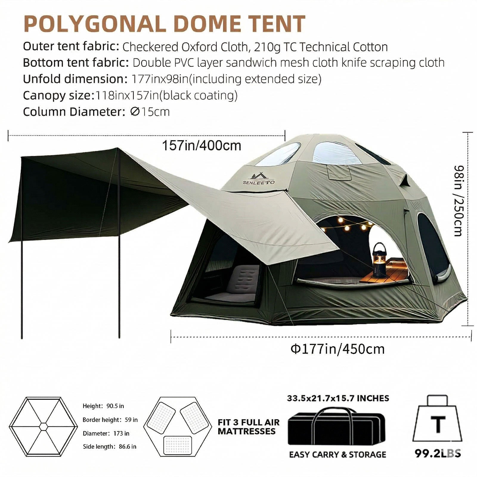 Senleeto TC cotton dome tent dimensions: 177" wide x 98" tall. Highlights a spacious extended front canopy area.