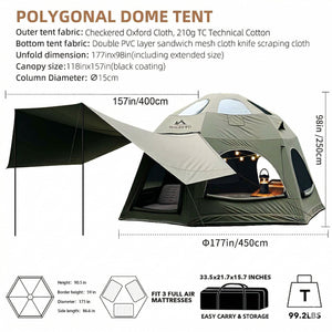Senleeto TC cotton dome tent dimensions: 177" wide x 98" tall. Highlights a spacious extended front canopy area.