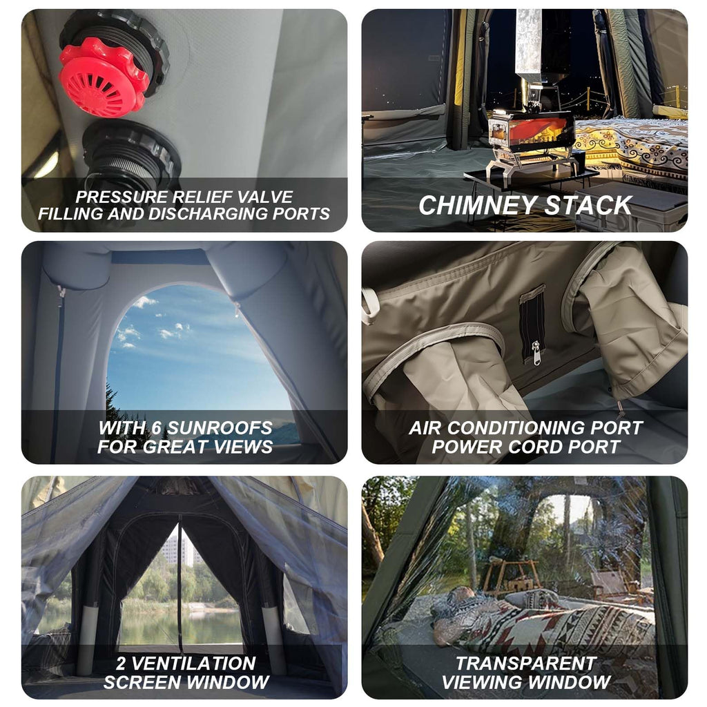 Senleeto TC cotton tent hardware: pressure relief valves, chimney stack, AC port, and mesh ventilation windows.
