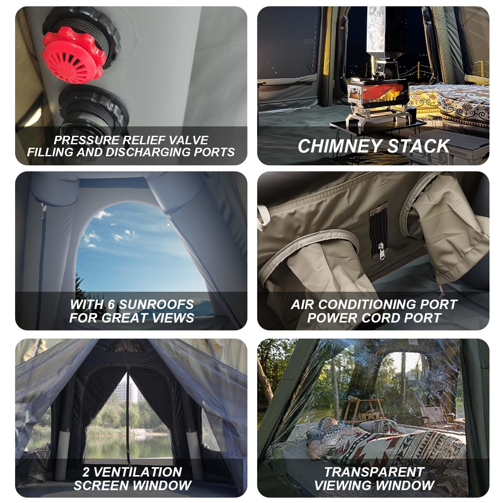 Senleeto TC cotton tent hardware: pressure relief valves, chimney stack, AC port, and mesh ventilation windows.