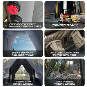 Senleeto TC cotton tent hardware: pressure relief valves, chimney stack, AC port, and mesh ventilation windows.