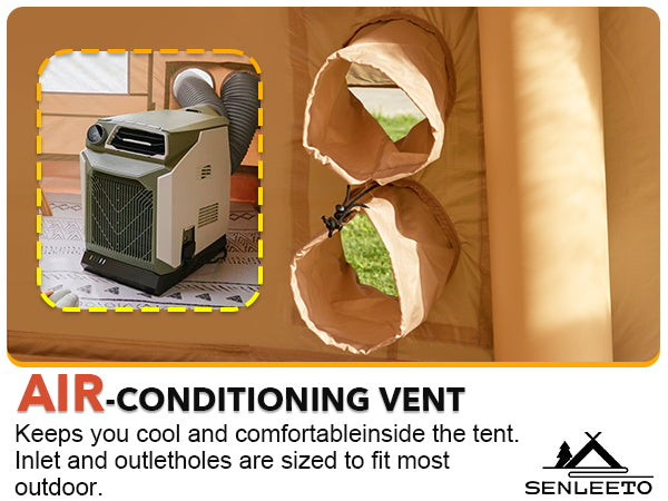 Senleeto inflatable tent dual AC ports for portable air conditioners, ensuring a cool interior during summer.