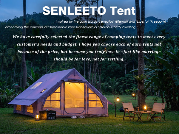 Senleeto brand story banner showing a glowing purple inflatable tent in a dark forest setting.