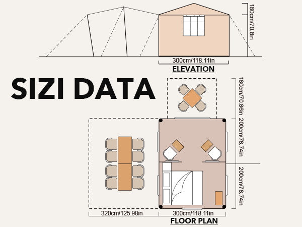 Size specifications and floor plan for the Senleeto tent.