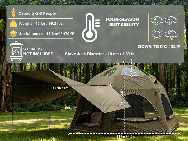 Detailed dimensions, weight, and capacity chart for the SENLEETO 8-person tent.