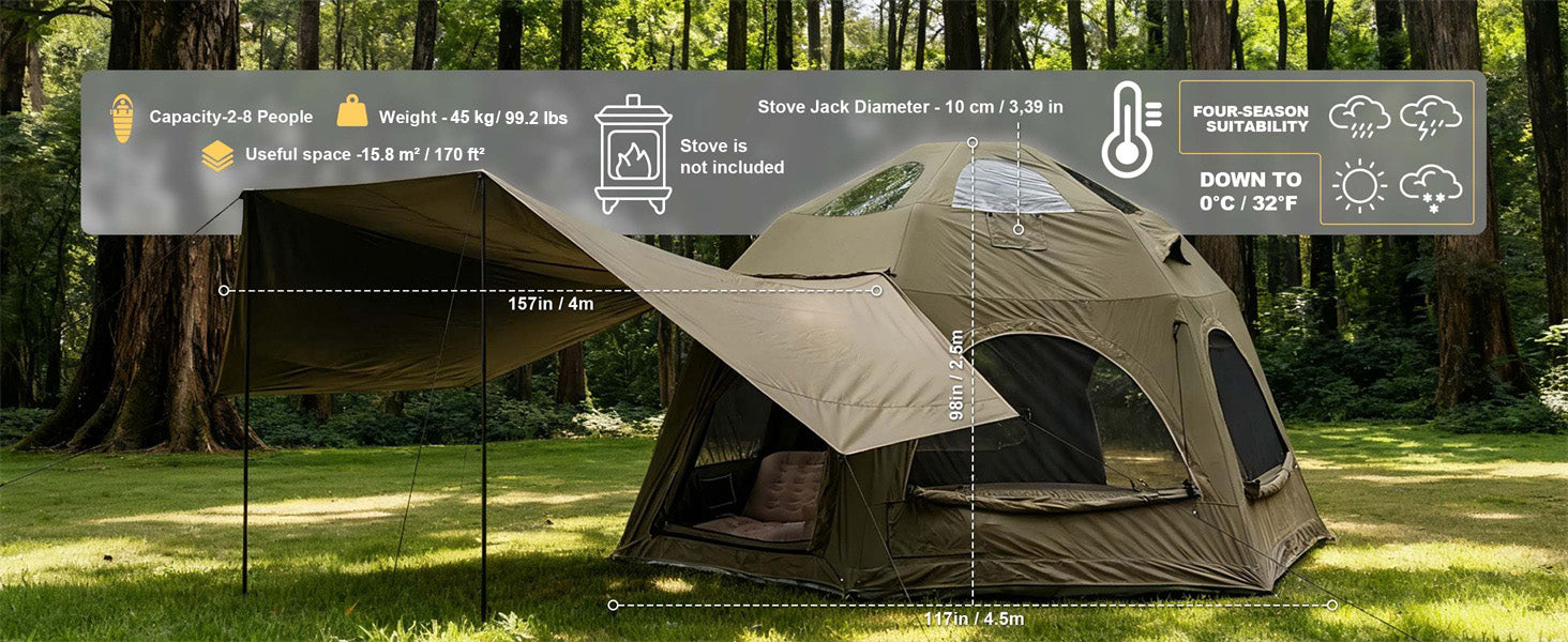 Detailed dimensions, weight, and capacity chart for the SENLEETO 8-person tent.