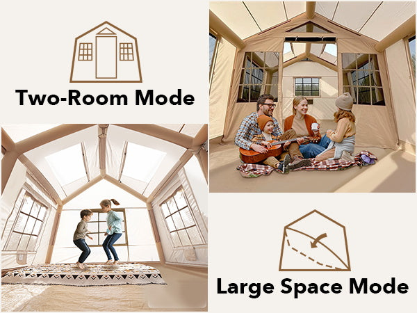 Senleeto tent interior showing two-room partition and large open space modes.