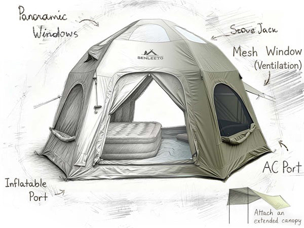 Internal structure of SENLEETO tent featuring stove jack, AC port, and windows.