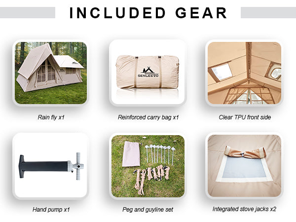 Senleeto tent kit: rain fly, reinforced bag, clear TPU window, high-pressure pump, pegs, and 2 stove jacks.