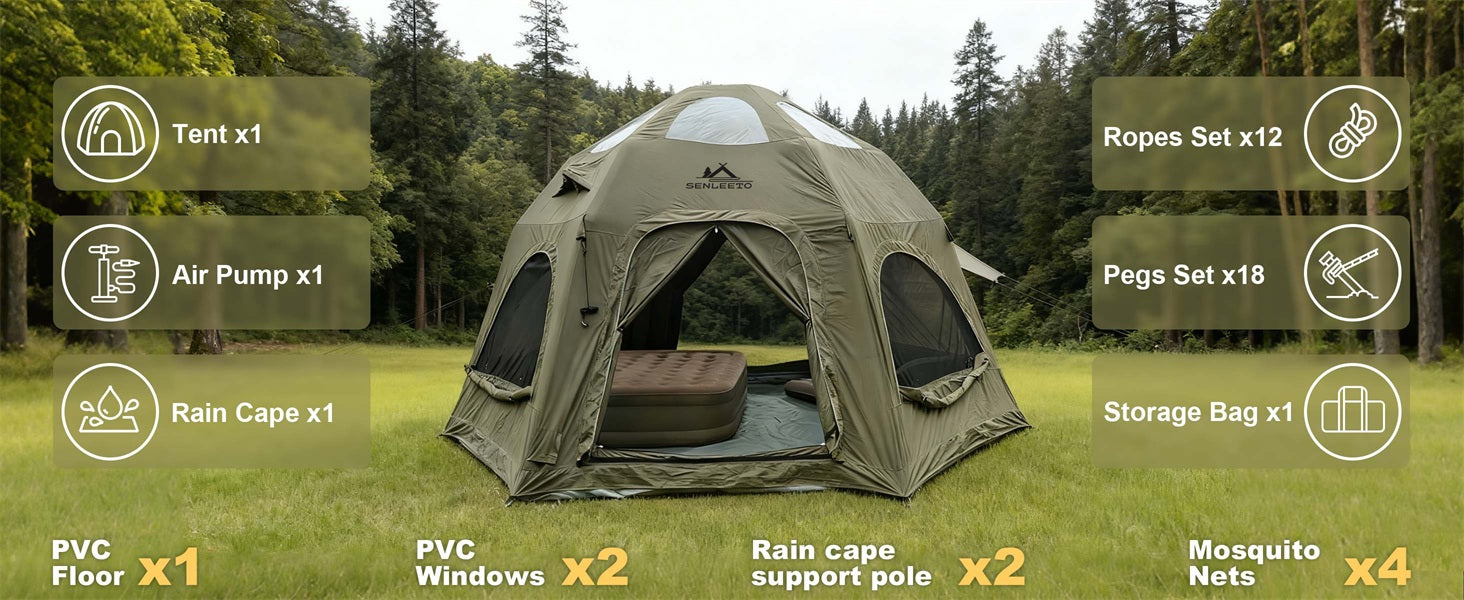 What's included: SENLEETO tent, air pump, rain cape, pegs, and storage bag.