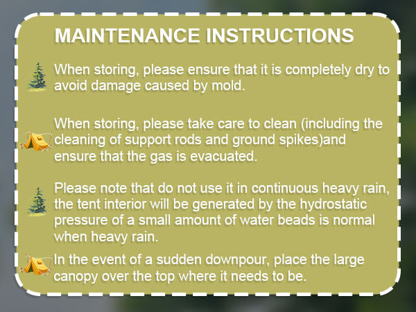 Senleeto tent care: Dry completely to avoid mold. Clean parts before storage. Use canopy in heavy rain.
