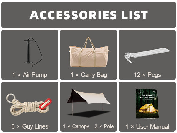 What's included in the Senleeto tent package: tent, pump, canopy, and accessories.