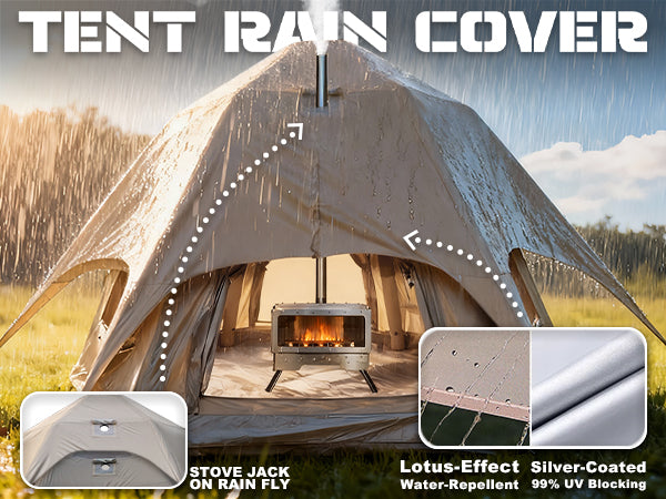 Waterproof rain cover with stove jack for the Senleeto dome tent.