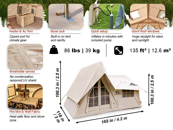 Senleeto tent size specs: 165x118 inches, 135 sq ft, with AC port and stove jack.
