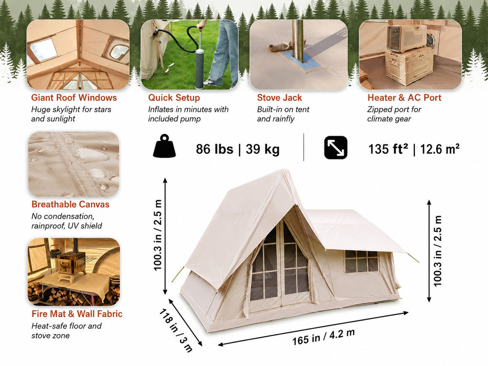 Senleeto tent size specs: 165x118 inches, 135 sq ft, with AC port and stove jack.